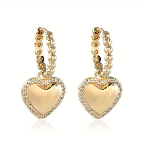 Gold Heart Hoop Rhinestone Dangle Earrings - 18K Gold plated - Picture 1 of 3